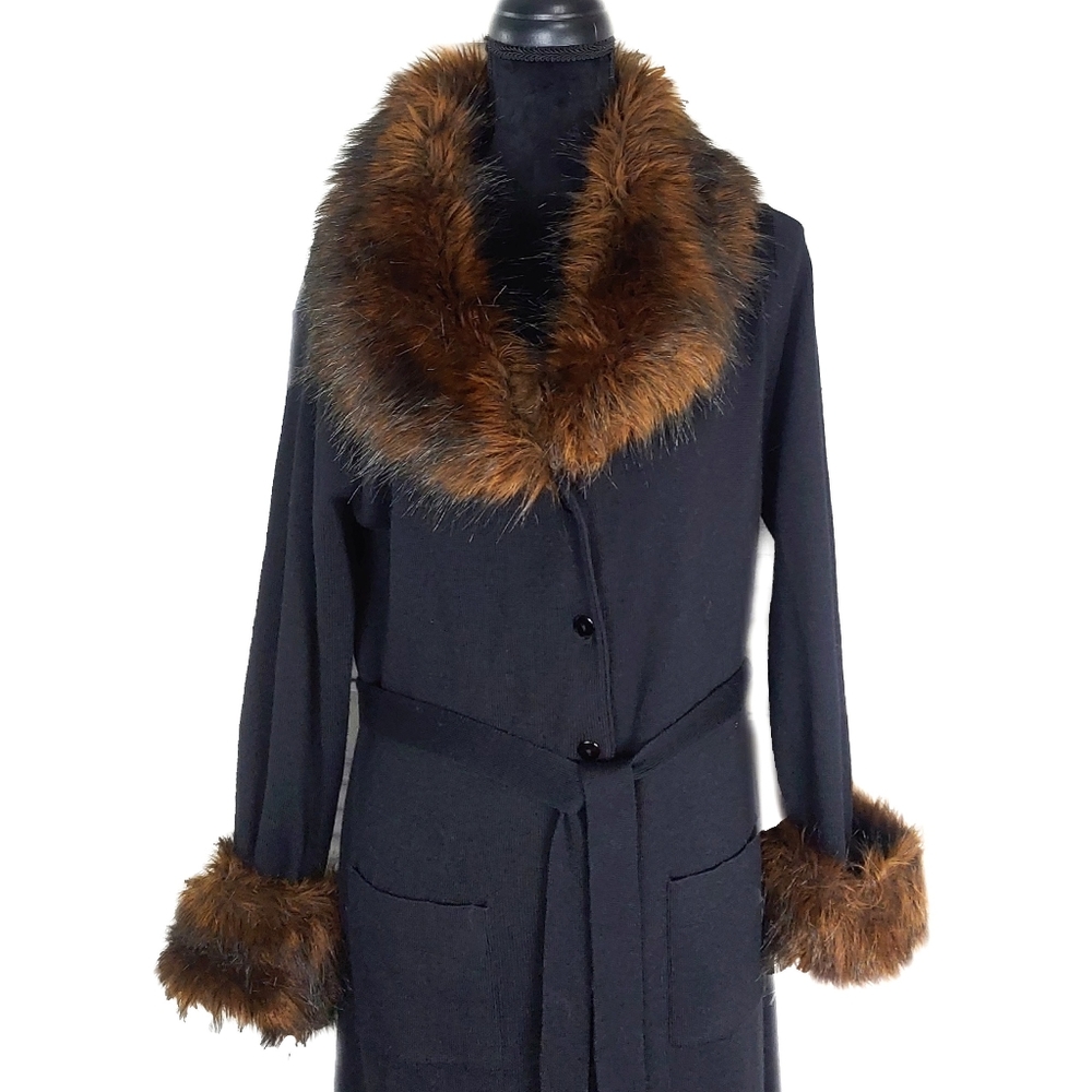 Nancy Bolen Womens Belted Black Wool Mix Faux Fur Collar Cuffs Coat Sz M EUC - Picture 4 of 9